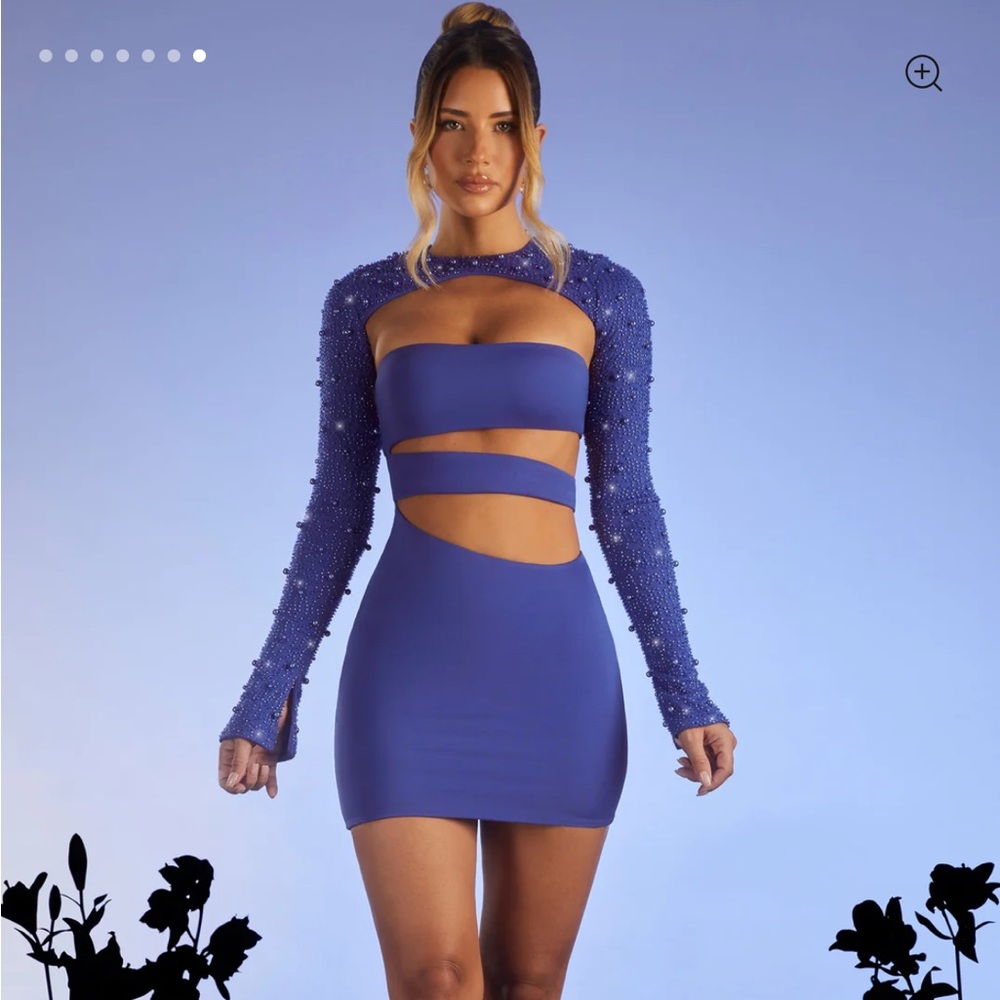 Oh Polly Embellished Long Sleeve Cut Out Mini Dress in Dark Blue